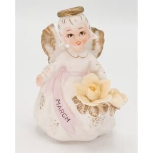 Vintage Lefton March Birthday Angel 3332 Pink Sash Yellow Flowers Ceramic READ